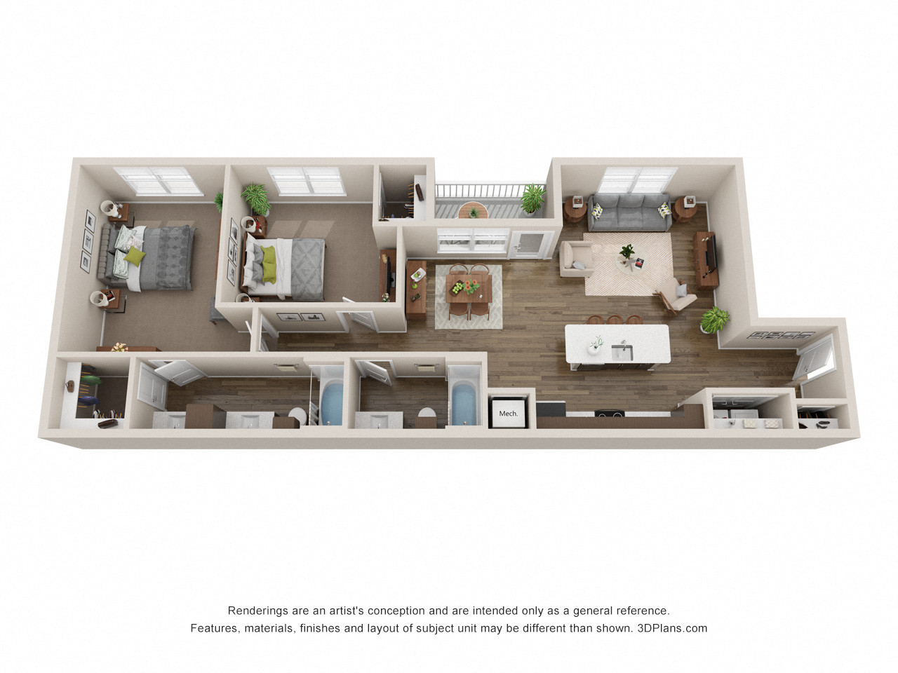 Floor plan for 2 beds, 2 baths, 1260 sqft